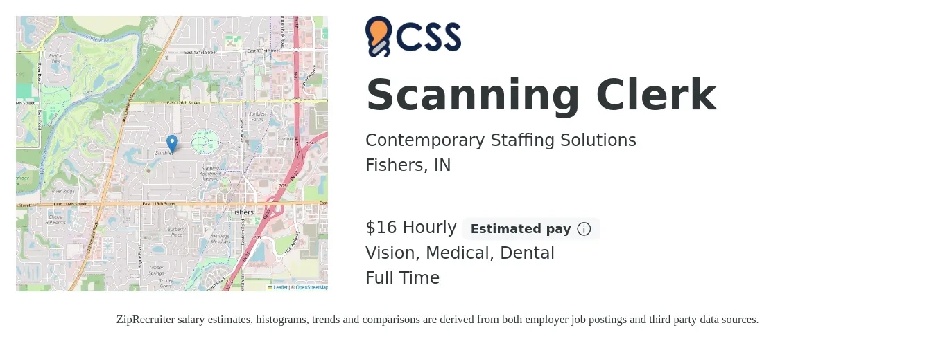 Contemporary Staffing Solutions job posting for a Scanning Clerk in Fishers, IN with a salary of $17 Hourly and benefits including life_insurance, medical, retirement, vision, and dental with a map of Fishers location.