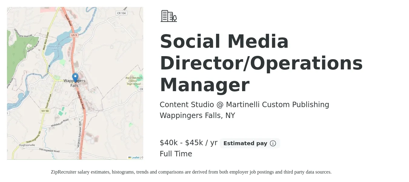Content Studio @ Martinelli Custom Publishing job posting for a Social Media Director/Operations Manager in Wappingers Falls, NY with a salary of $40,000 to $45,000 Yearly with a map of Wappingers Falls location.