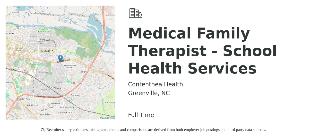 Contentnea Health job posting for a Medical Family Therapist - School Health Services in Greenville, NC with a salary of $48,900 to $64,200 Yearly with a map of Greenville location.