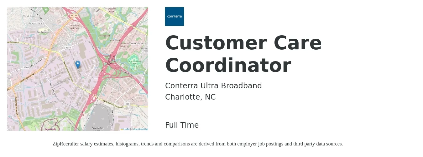 Conterra Ultra Broadband job posting for a Customer Care Coordinator in Charlotte, NC with a salary of $17 to $22 Hourly with a map of Charlotte location.