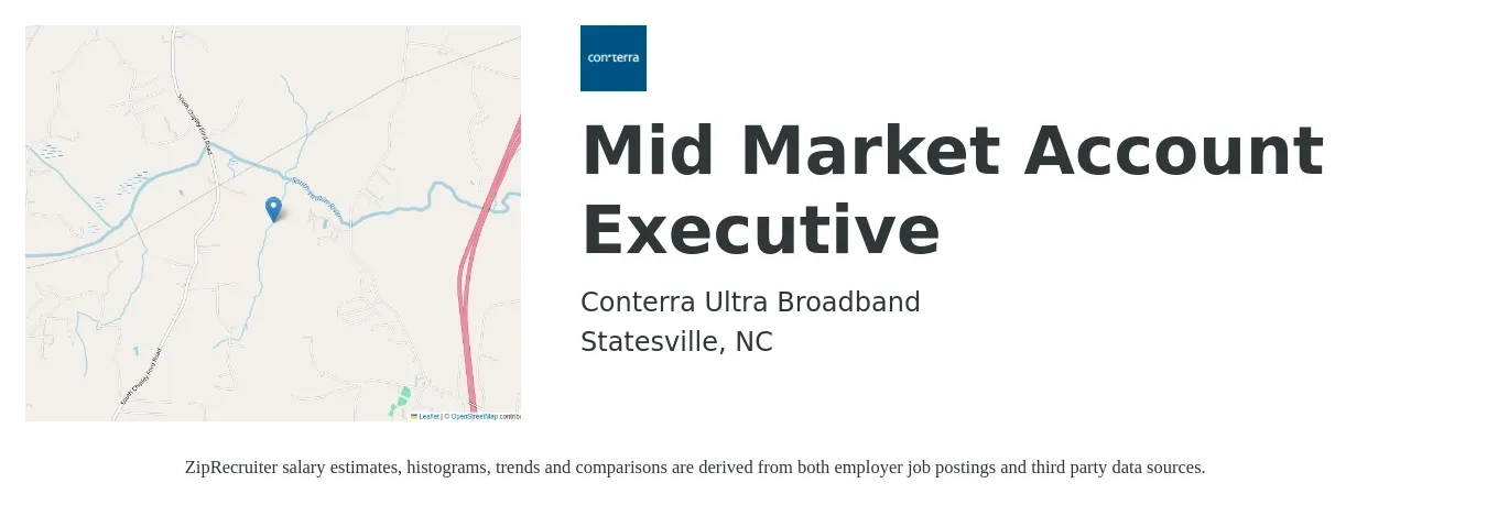 Conterra Ultra Broadband job posting for a Mid Market Account Executive in Statesville, NC with a salary of $48,200 to $84,800 Yearly with a map of Statesville location.