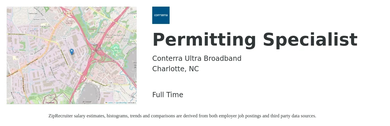 Conterra Ultra Broadband job posting for a Permitting Specialist in Charlotte, NC with a salary of $20 to $34 Hourly with a map of Charlotte location.