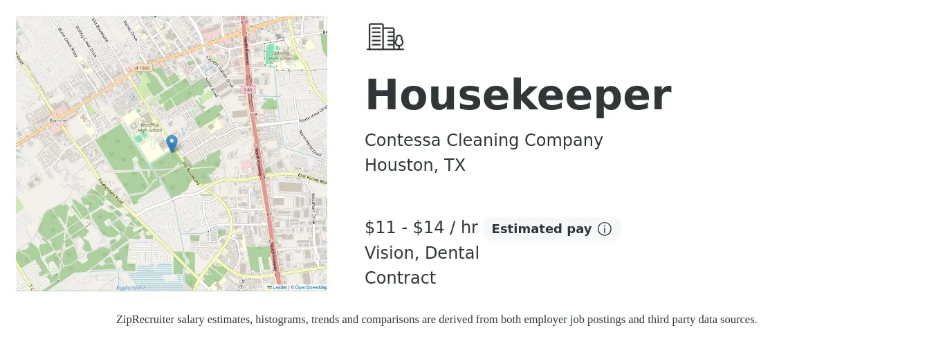Contessa Cleaning Company job posting for a Housekeeper in Houston, TX with a salary of $12 to $15 Hourly and benefits including vision, and dental with a map of Houston location.