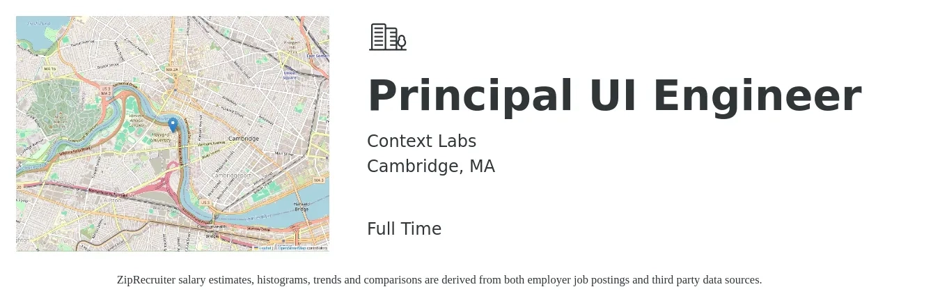 Context Labs job posting for a Principal UI Engineer in Cambridge, MA with a salary of $113,700 to $151,900 Yearly with a map of Cambridge location.