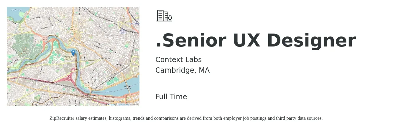 Context Labs job posting for a .Senior UX Designer in Cambridge, MA with a salary of $61 to $86 Hourly with a map of Cambridge location.