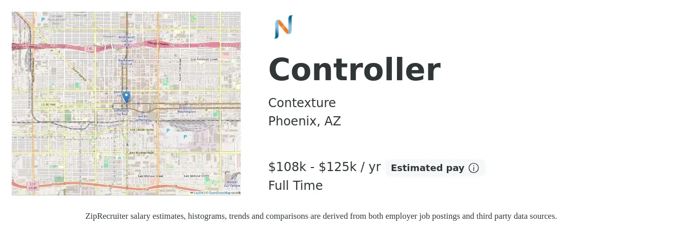 Contexture job posting for a Controller in Phoenix, AZ with a salary of $108,000 to $125,000 Yearly with a map of Phoenix location.