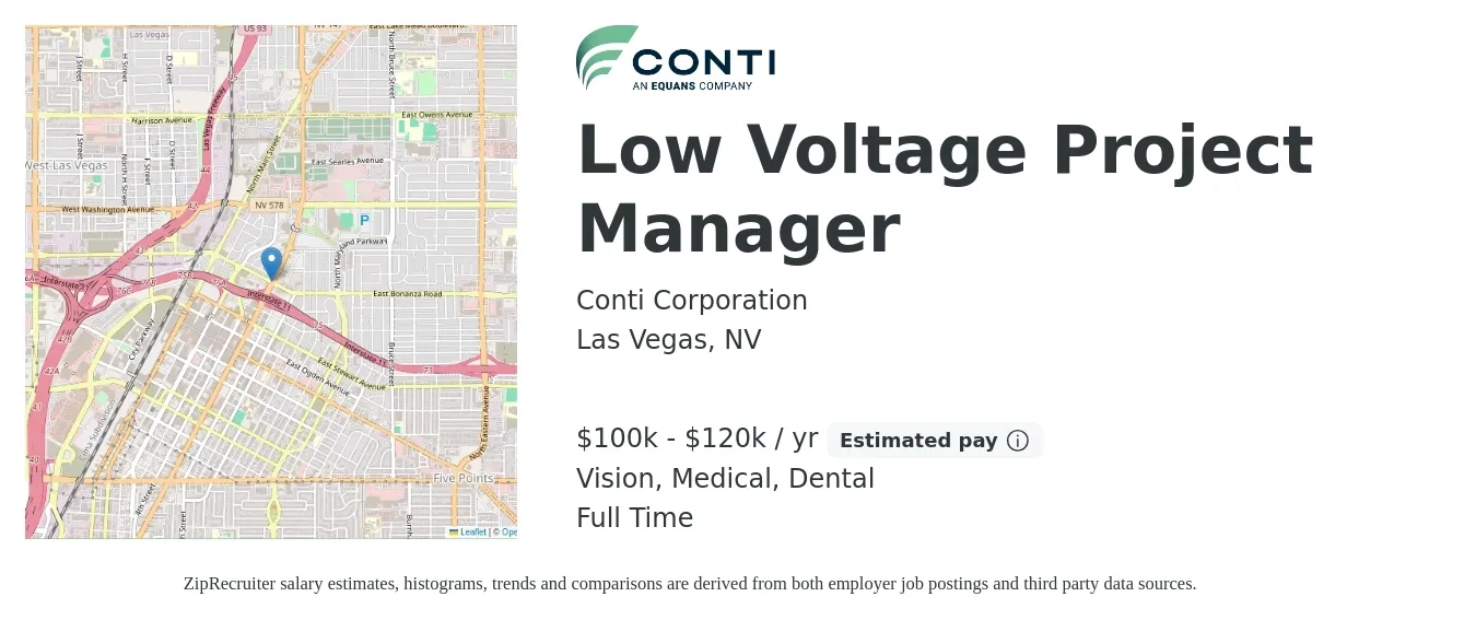 Conti Corporation job posting for a Low Voltage Project Manager in Las Vegas, NV with a salary of $100,000 to $120,000 Yearly and benefits including dental, life_insurance, medical, retirement, and vision with a map of Las Vegas location.