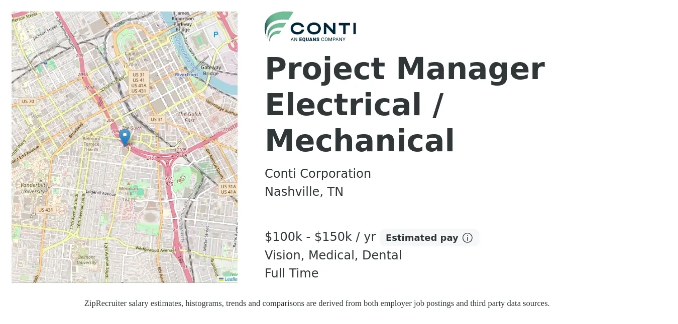 Conti Corporation job posting for a Project Manager Electrical / Mechanical in Nashville, TN with a salary of $100,000 to $150,000 Yearly and benefits including dental, life_insurance, medical, retirement, and vision with a map of Nashville location.