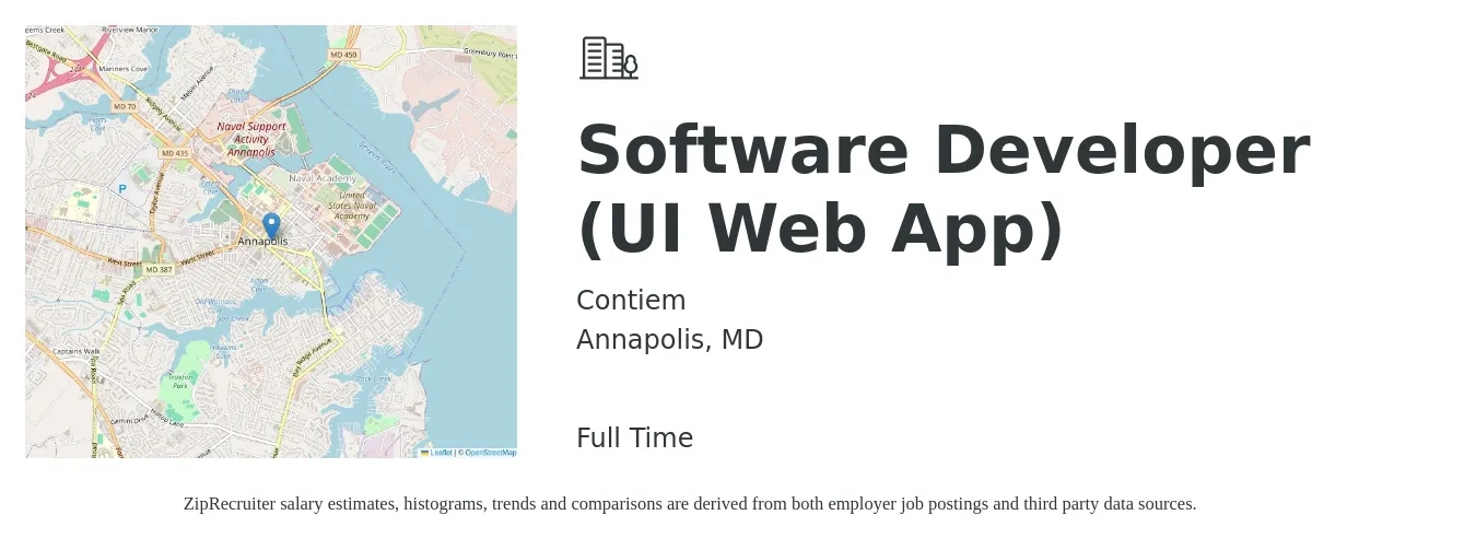 Contiem job posting for a Software Developer (UI Web App) in Annapolis, MD with a salary of $74,200 to $99,000 Yearly with a map of Annapolis location.