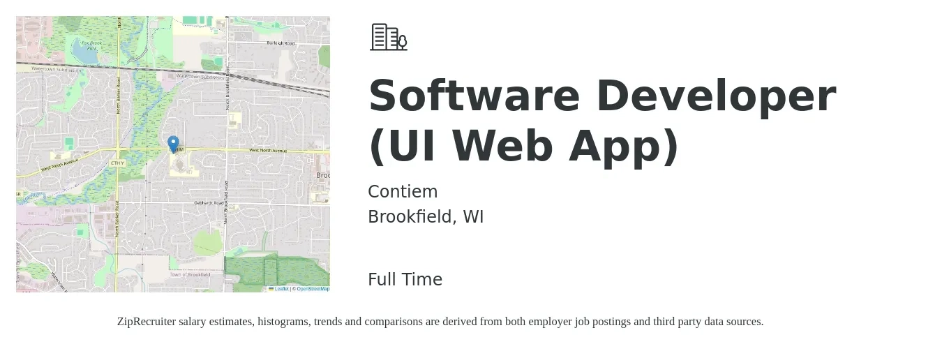 Contiem job posting for a Software Developer (UI Web App) in Brookfield, WI with a salary of $71,000 to $94,700 Yearly with a map of Brookfield location.
