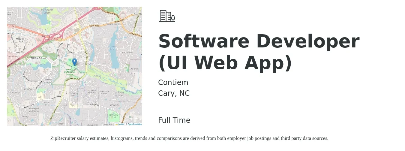 Contiem job posting for a Software Developer (UI Web App) in Cary, NC with a salary of $70,200 to $93,600 Yearly with a map of Cary location.