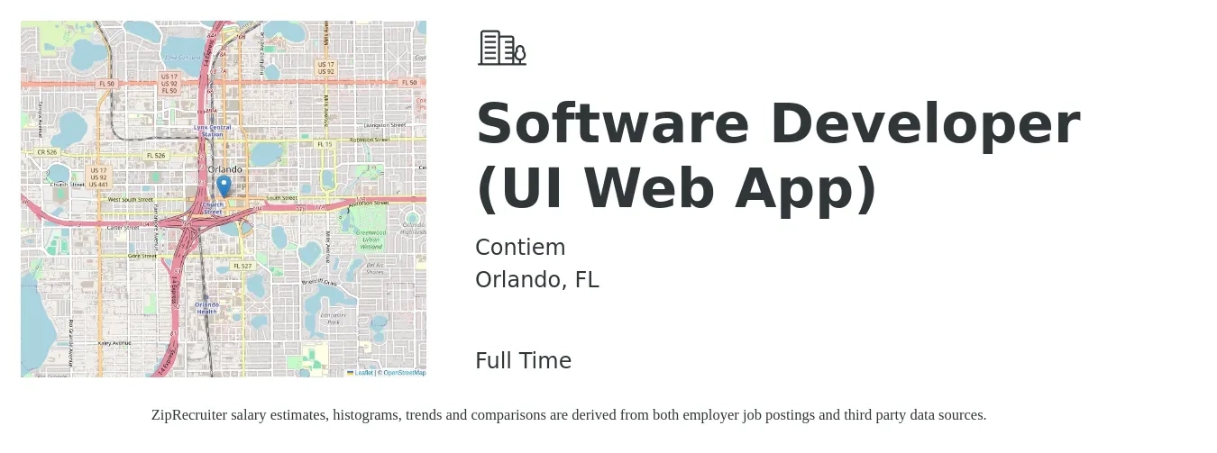 Contiem job posting for a Software Developer (UI Web App) in Orlando, FL with a salary of $70,100 to $93,400 Yearly with a map of Orlando location.