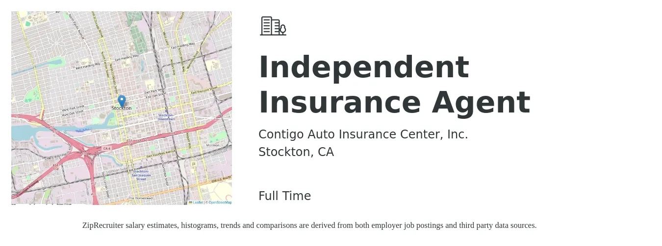 Contigo Auto Insurance Center, Inc. job posting for a Independent Insurance Agent in Stockton, CA with a salary of $28 Hourly with a map of Stockton location.