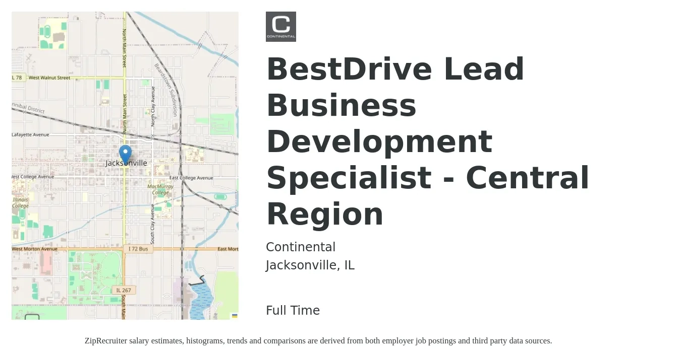 Continental job posting for a BestDrive Lead Business Development Specialist - Central Region in Jacksonville, IL with a salary of $74,100 to $106,700 Yearly with a map of Jacksonville location.