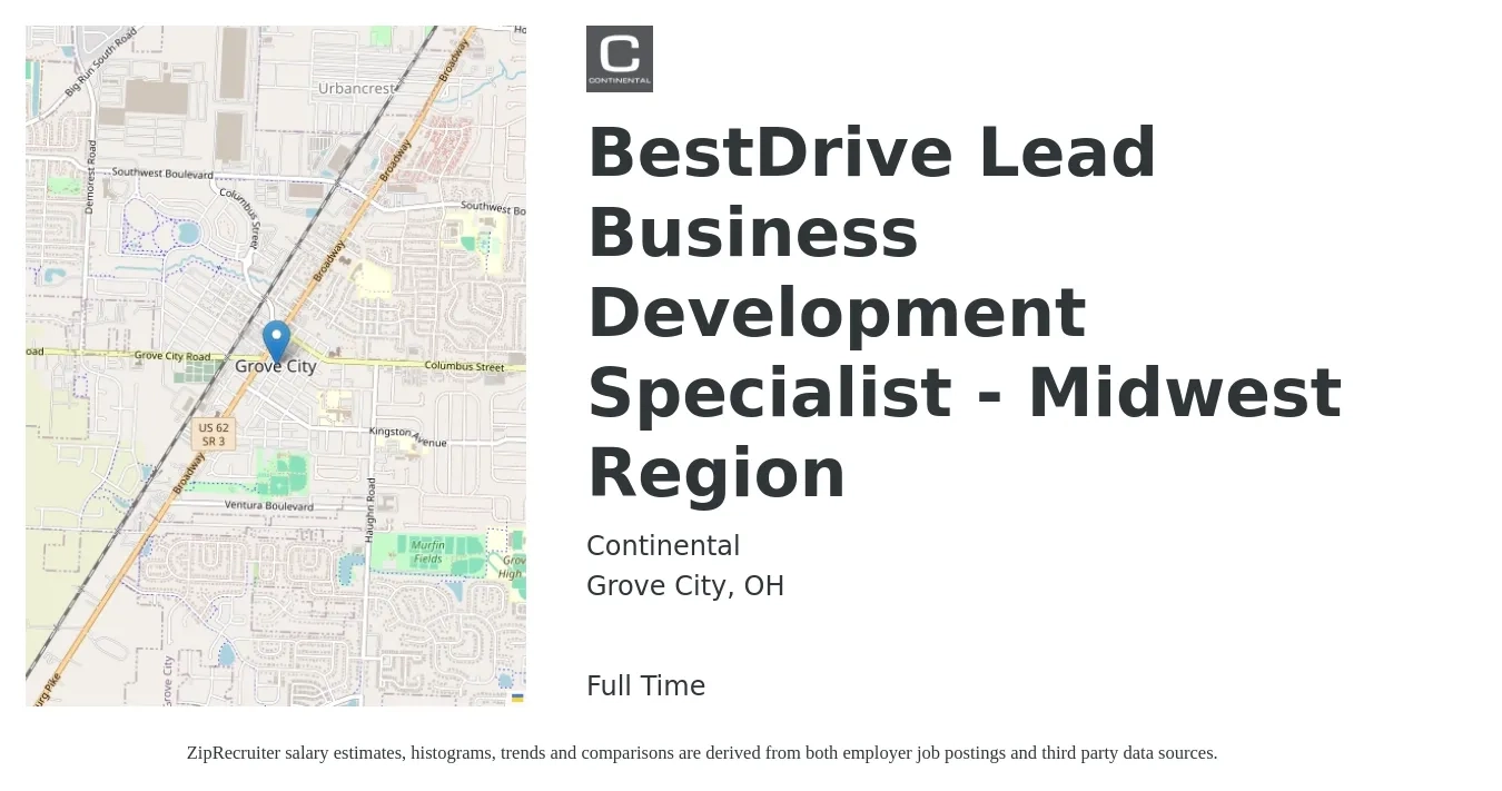 Continental job posting for a BestDrive Lead Business Development Specialist - Midwest Region in Grove City, OH with a salary of $70,400 to $101,400 Yearly with a map of Grove City location.