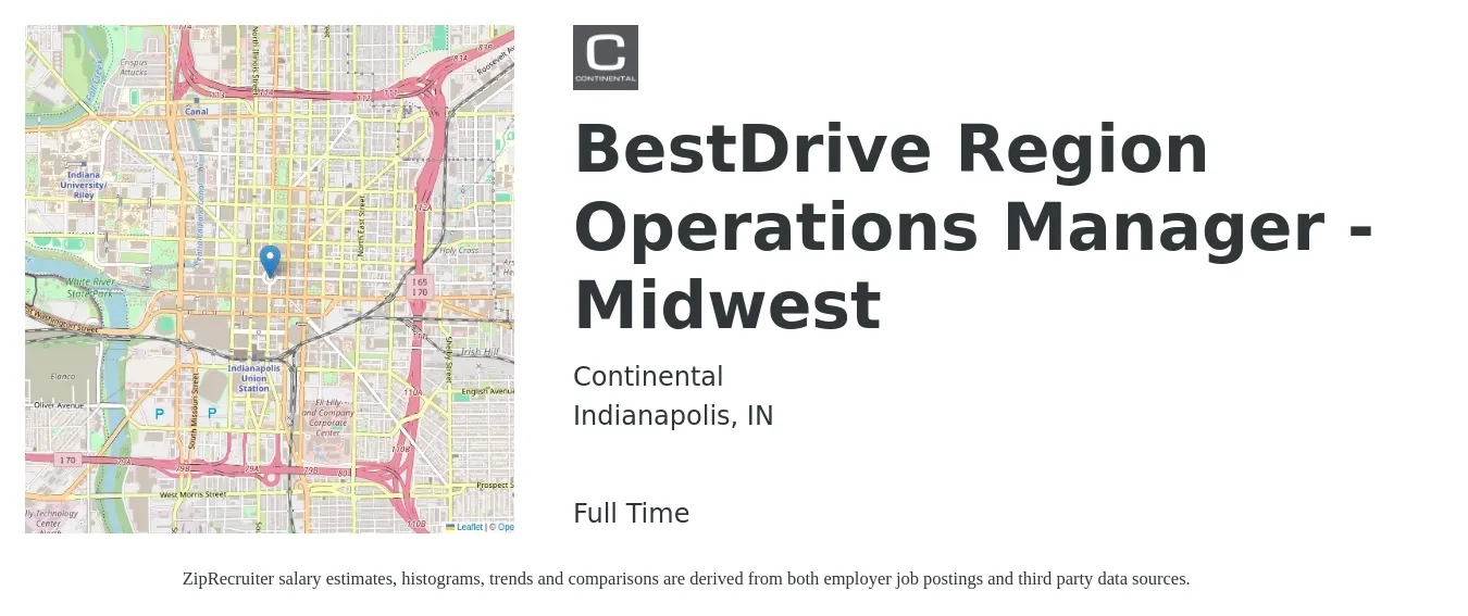 Continental job posting for a BestDrive Region Operations Manager - Midwest in Indianapolis, IN with a salary of $64,500 to $103,200 Yearly with a map of Indianapolis location.
