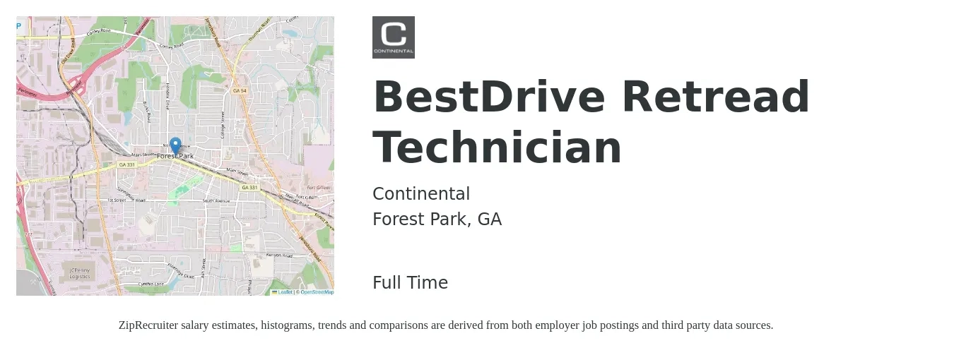 Continental job posting for a BestDrive Retread Technician in Forest Park, GA with a salary of $17 to $22 Hourly with a map of Forest Park location.