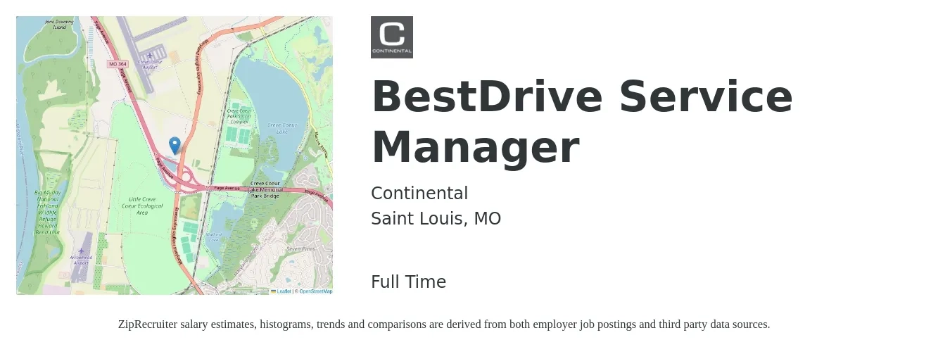 Continental job posting for a BestDrive Service Manager in Saint Louis, MO with a salary of $45,700 to $70,700 Yearly with a map of Saint Louis location.