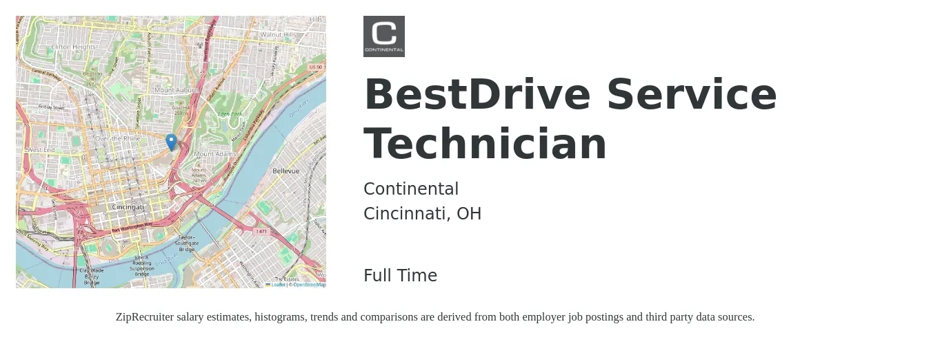 Continental job posting for a BestDrive Service Technician in Cincinnati, OH with a salary of $16 to $21 Hourly with a map of Cincinnati location.