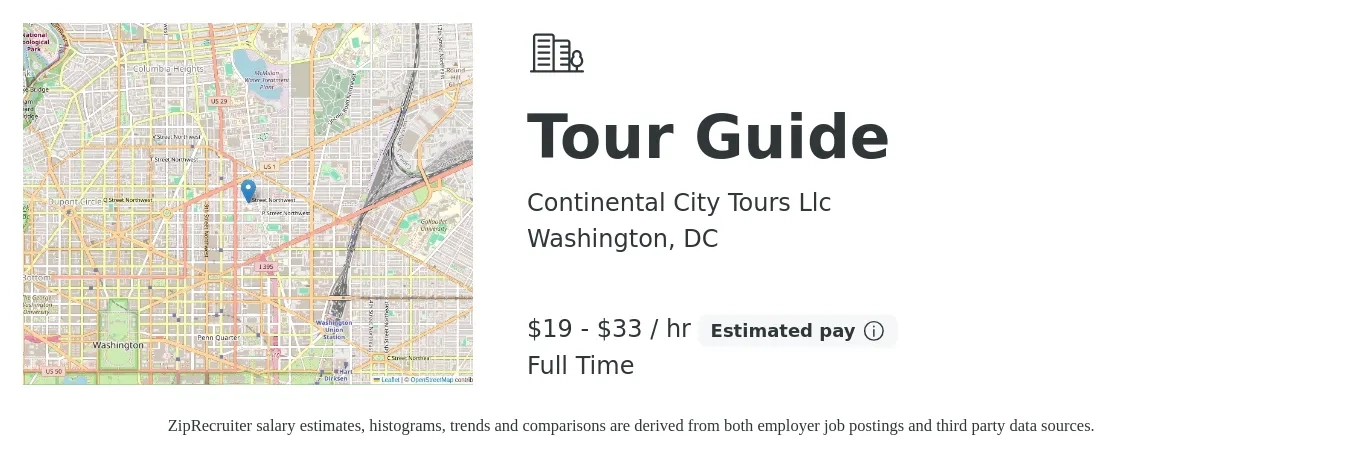 Continental City Tours Llc job posting for a Tour Guide in Washington, DC with a salary of $20 to $35 Hourly with a map of Washington location.