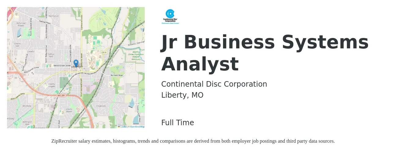 Continental Disc Corporation job posting for a Jr Business Systems Analyst in Liberty, MO with a salary of $38 to $58 Hourly with a map of Liberty location.