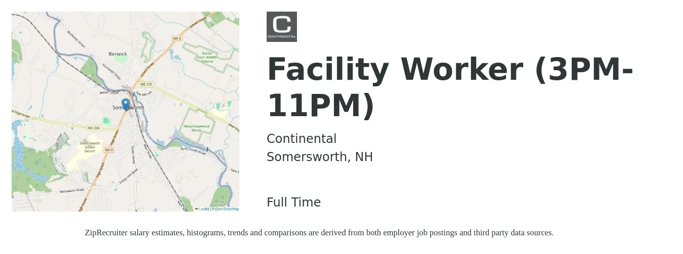 Continental job posting for a Facility Worker (3PM-11PM) in Somersworth, NH with a salary of $16 to $22 Hourly with a map of Somersworth location.