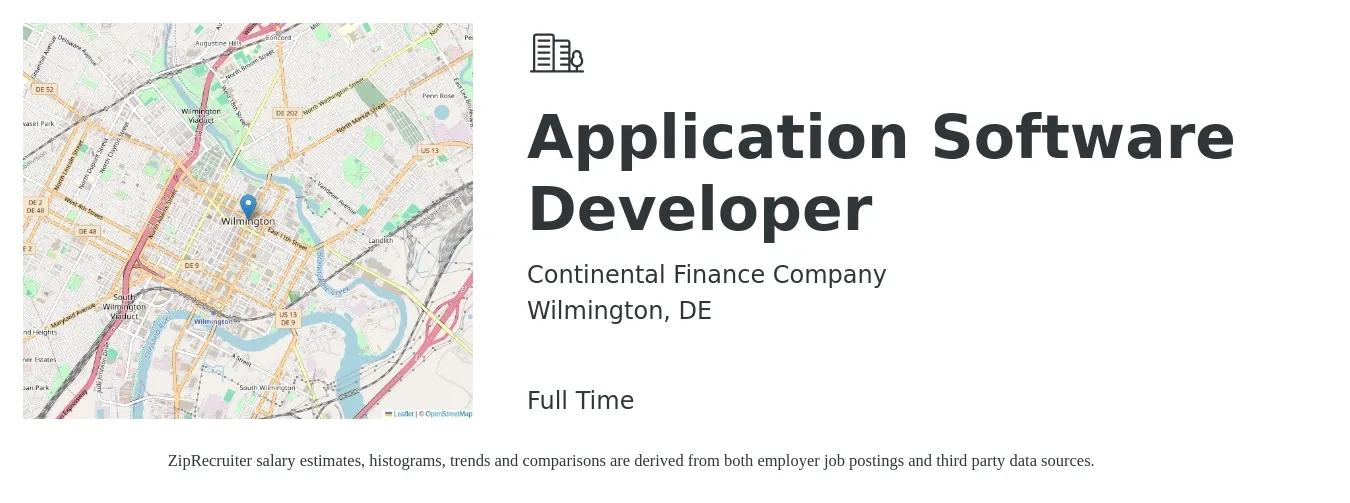 Continental Finance Company job posting for a Application Software Developer in Wilmington, DE with a salary of $43 to $61 Hourly with a map of Wilmington location.