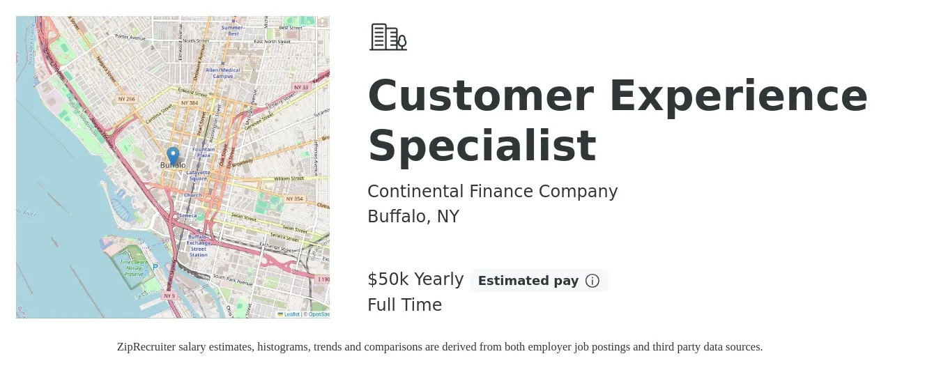 Continental Finance Company job posting for a Customer Experience Specialist in Buffalo, NY with a salary of $50,000 Yearly with a map of Buffalo location.