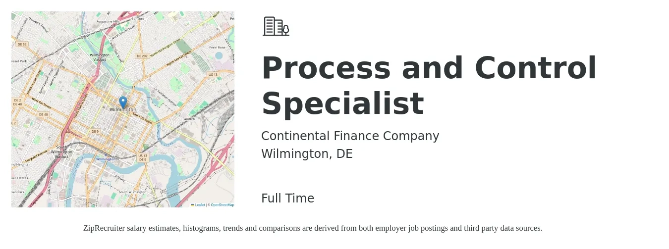 Continental Finance Company job posting for a Process and Control Specialist in Wilmington, DE with a salary of $25 to $42 Hourly with a map of Wilmington location.