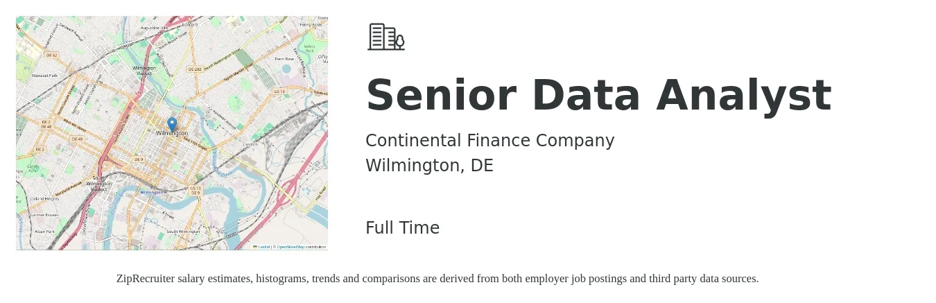 Continental Finance Company job posting for a Senior Data Analyst in Wilmington, DE with a salary of $83,500 to $105,300 Yearly with a map of Wilmington location.