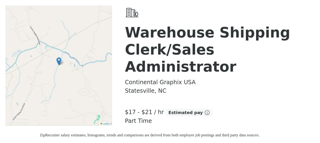 Continental Graphix USA job posting for a Warehouse Shipping Clerk/Sales Administrator in Statesville, NC with a salary of $18 to $22 Hourly with a map of Statesville location.