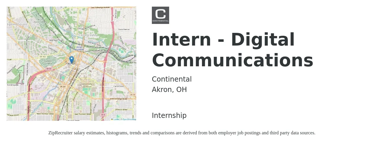 Continental job posting for a Intern - Digital Communications in Akron, OH with a salary of $15 to $21 Hourly with a map of Akron location.