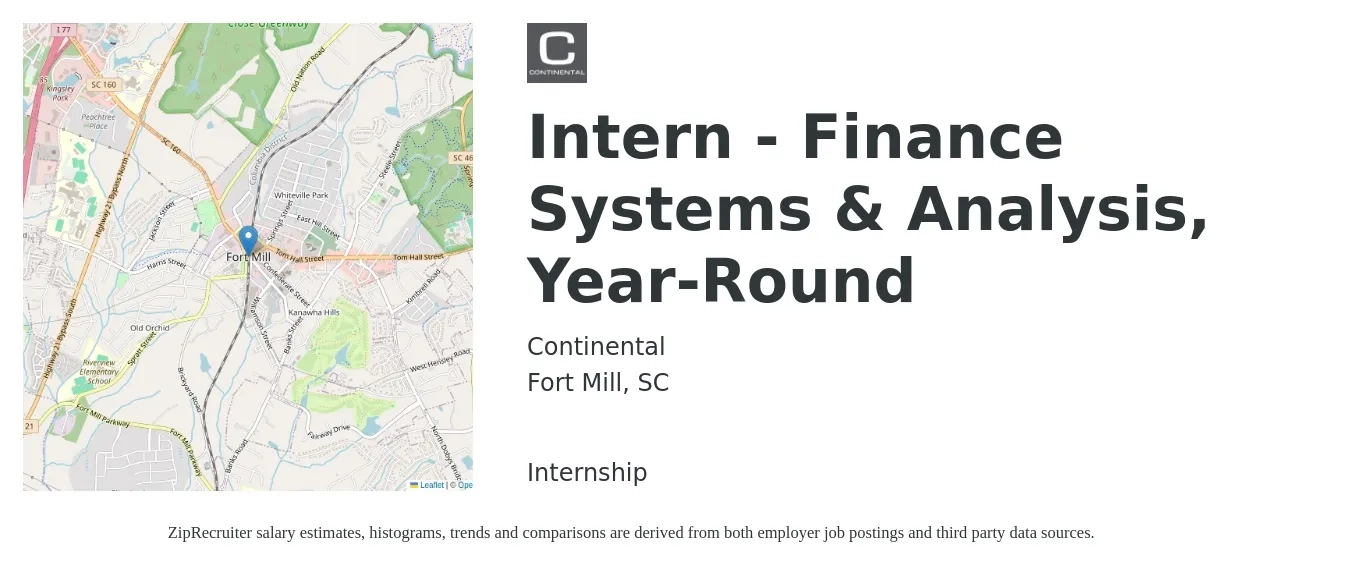 Continental job posting for a Intern - Finance Systems & Analysis, Year-Round in Fort Mill, SC with a salary of $16 to $22 Hourly with a map of Fort Mill location.
