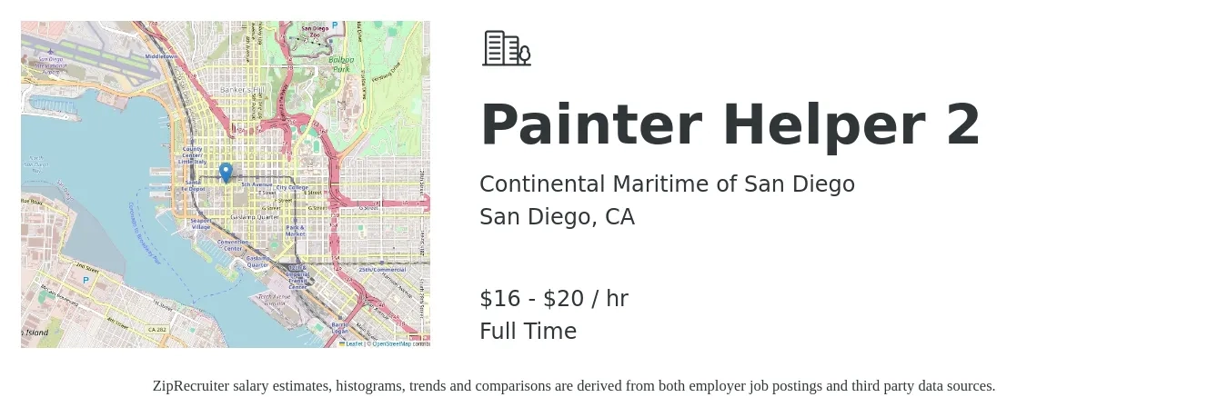 Continental Maritime of San Diego job posting for a Painter Helper 2 in San Diego, CA with a salary of $17 to $22 Hourly with a map of San Diego location.