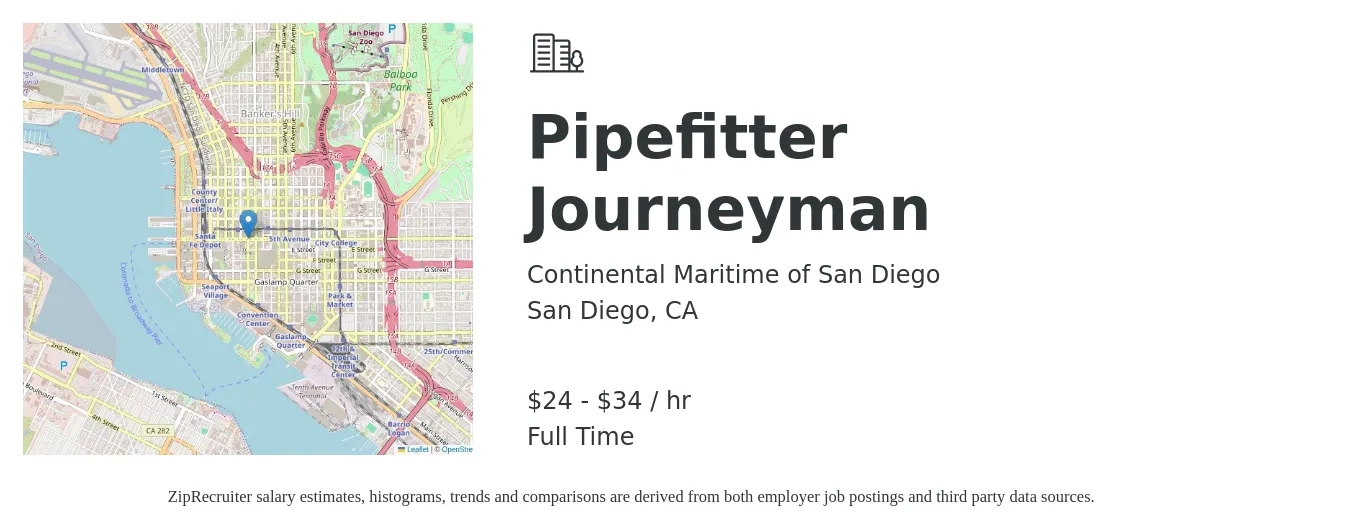 Continental Maritime of San Diego job posting for a Pipefitter Journeyman in San Diego, CA with a salary of $25 to $36 Hourly with a map of San Diego location.