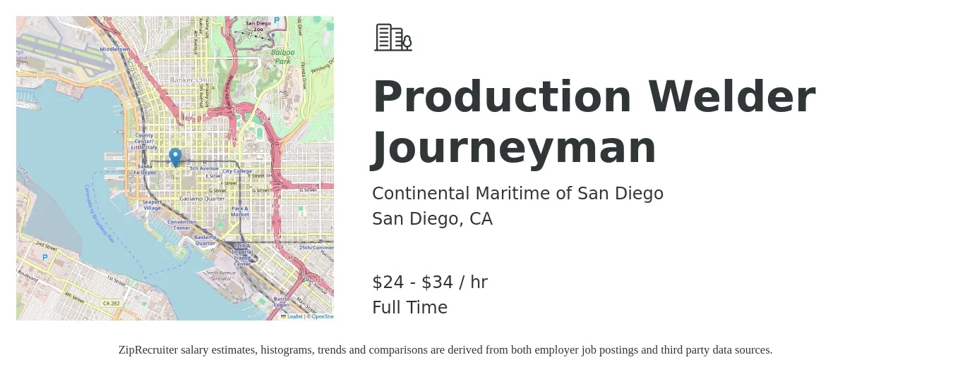 Continental Maritime of San Diego job posting for a Production Welder Journeyman in San Diego, CA with a salary of $25 to $36 Hourly with a map of San Diego location.