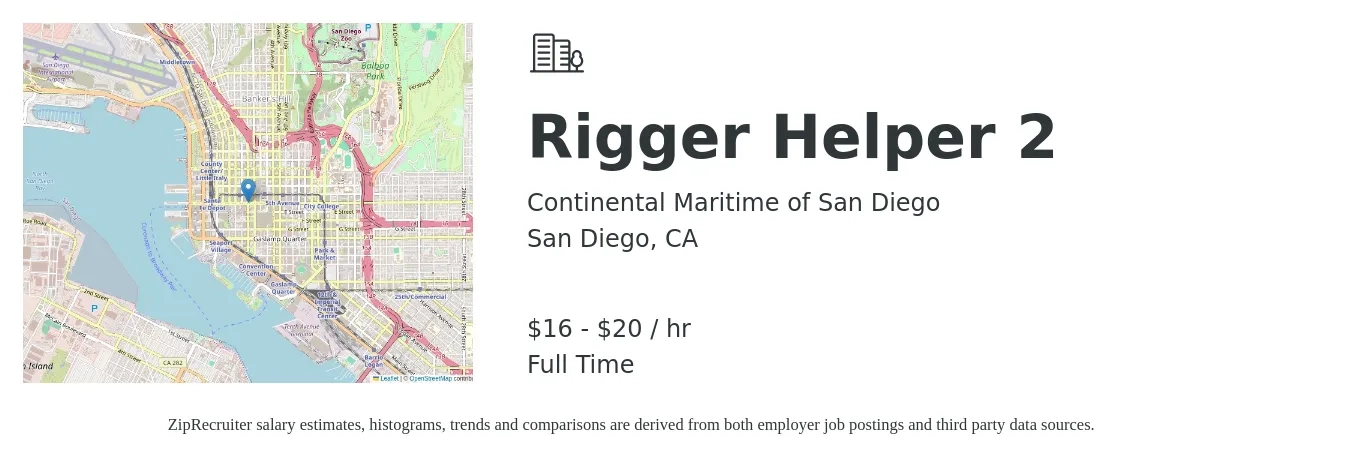 Continental Maritime of San Diego job posting for a Rigger Helper 2 in San Diego, CA with a salary of $17 to $22 Hourly with a map of San Diego location.