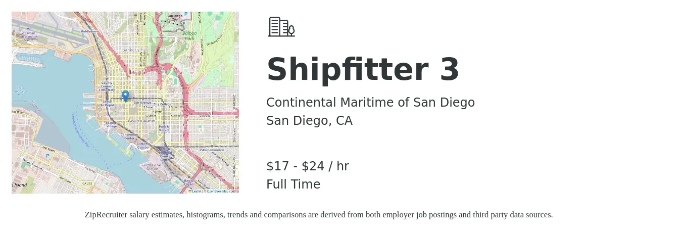 Continental Maritime of San Diego job posting for a Shipfitter 3 in San Diego, CA with a salary of $18 to $26 Hourly with a map of San Diego location.
