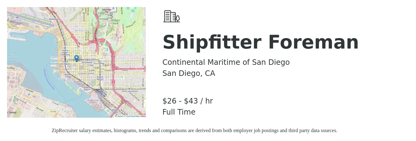 Continental Maritime of San Diego job posting for a Shipfitter Foreman in San Diego, CA with a salary of $28 to $45 Hourly with a map of San Diego location.
