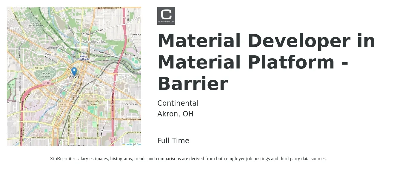 Continental job posting for a Material Developer in Material Platform - Barrier in Akron, OH with a salary of $19 to $25 Hourly with a map of Akron location.