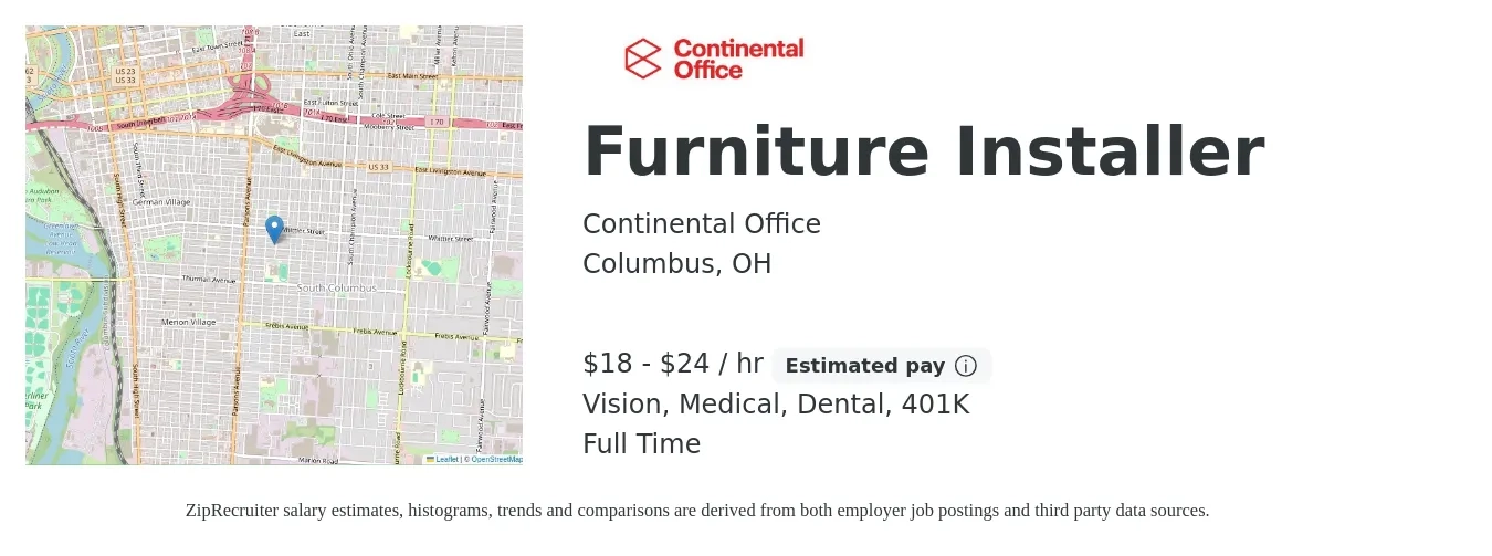 Continental Office job posting for a Furniture Installer in Columbus, OH with a salary of $19 to $25 Hourly and benefits including 401k, dental, life_insurance, medical, and vision with a map of Columbus location.