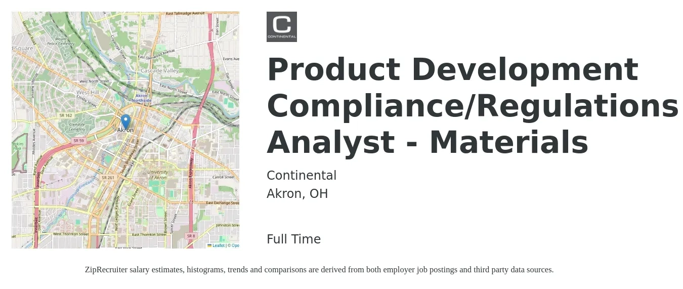 Continental job posting for a Product Development Compliance/Regulations Analyst - Materials in Akron, OH with a salary of $33 to $58 Hourly with a map of Akron location.