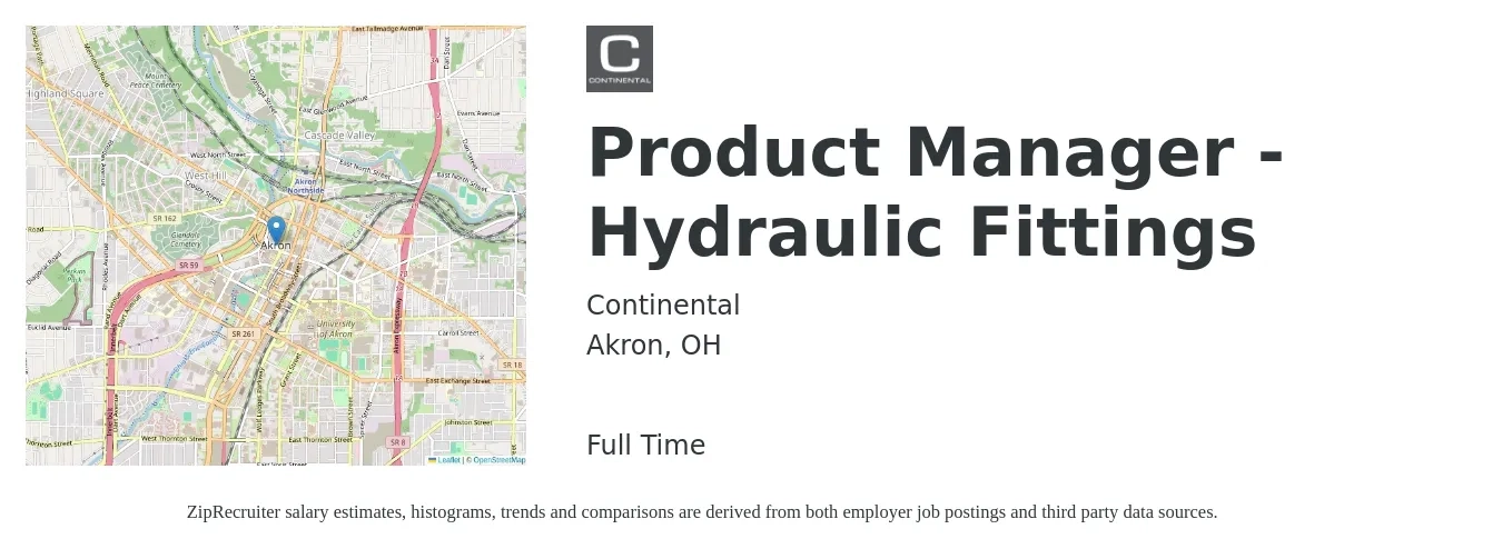 Continental job posting for a Product Manager - Hydraulic Fittings in Akron, OH with a salary of $134,900 to $188,500 Yearly with a map of Akron location.
