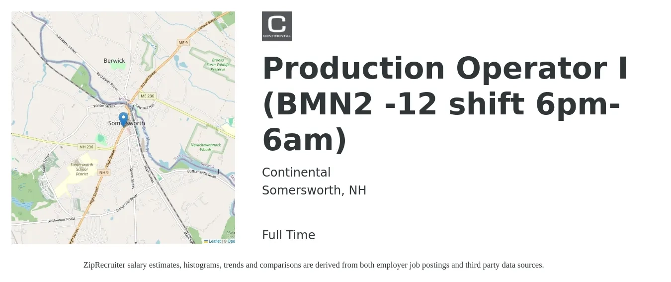 Continental job posting for a Production Operator I (BMN2 -12 shift 6pm-6am) in Somersworth, NH with a salary of $17 to $20 Hourly with a map of Somersworth location.