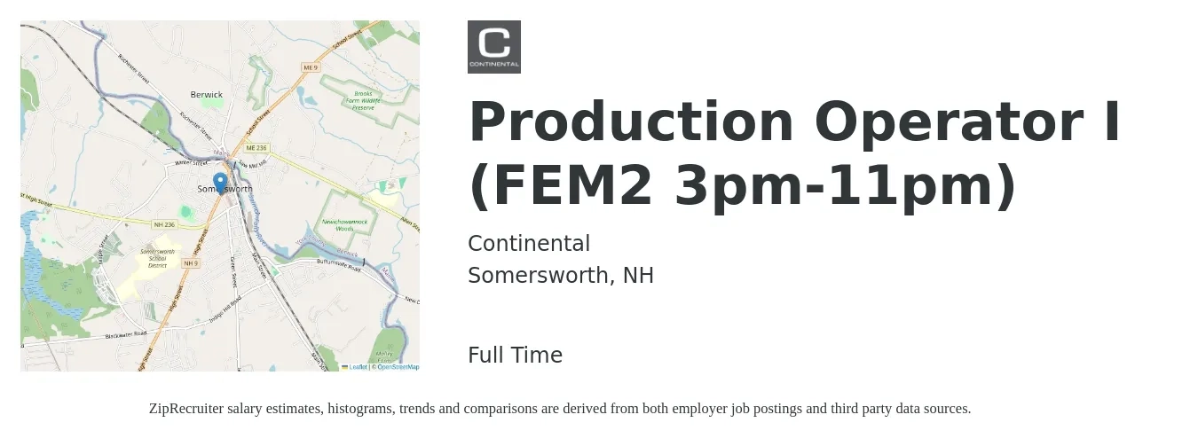 Continental job posting for a Production Operator I (FEM2 3pm-11pm) in Somersworth, NH with a salary of $17 to $20 Hourly with a map of Somersworth location.