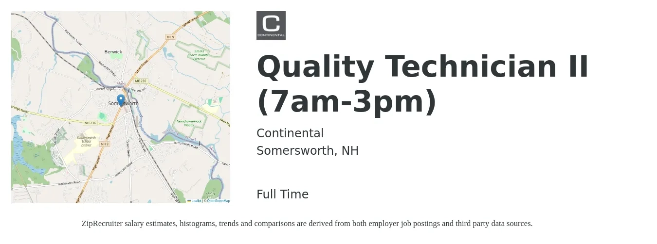 Continental job posting for a Quality Technician II (7am-3pm) in Somersworth, NH with a salary of $18 to $24 Hourly with a map of Somersworth location.