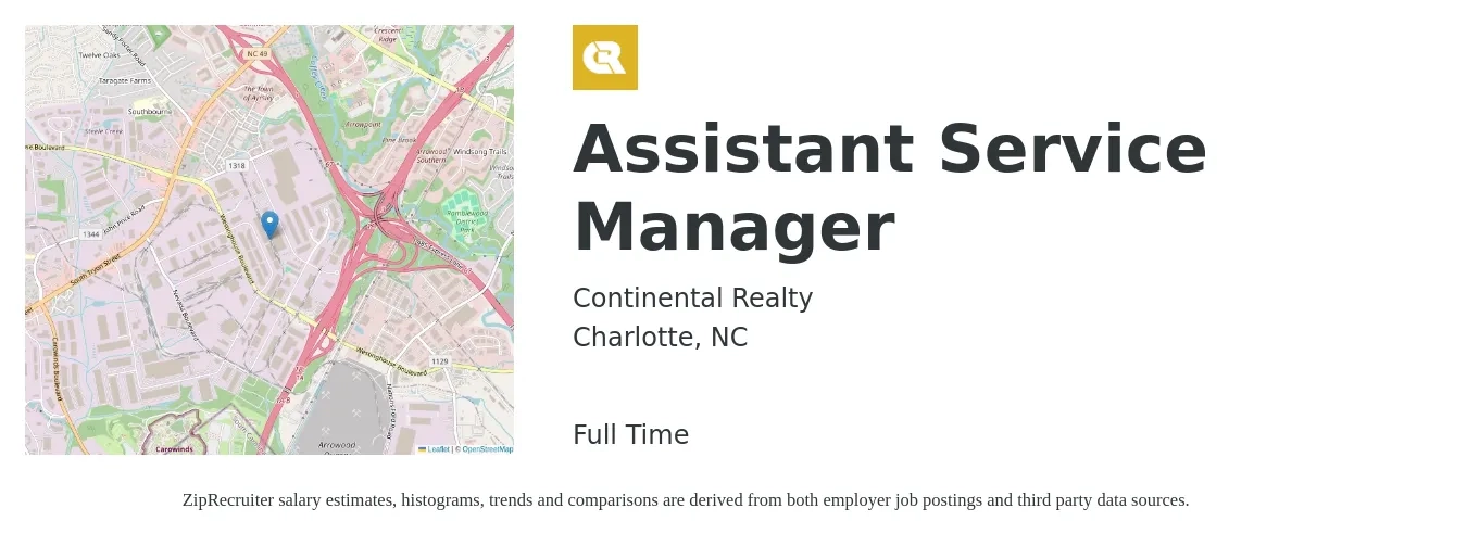 Continental Realty job posting for a Assistant Service Manager in Charlotte, NC with a salary of $41,500 to $66,800 Yearly with a map of Charlotte location.