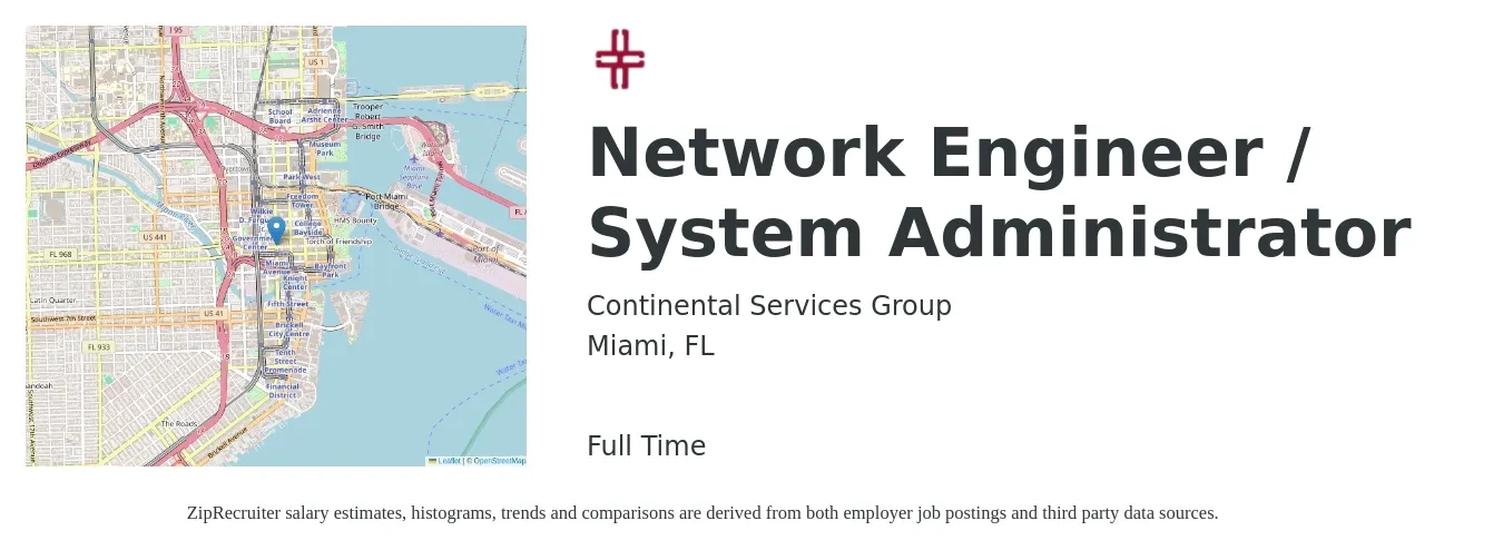 Continental Services Group job posting for a Network Engineer / System Administrator in Miami, FL with a salary of $70,600 to $98,900 Yearly with a map of Miami location.