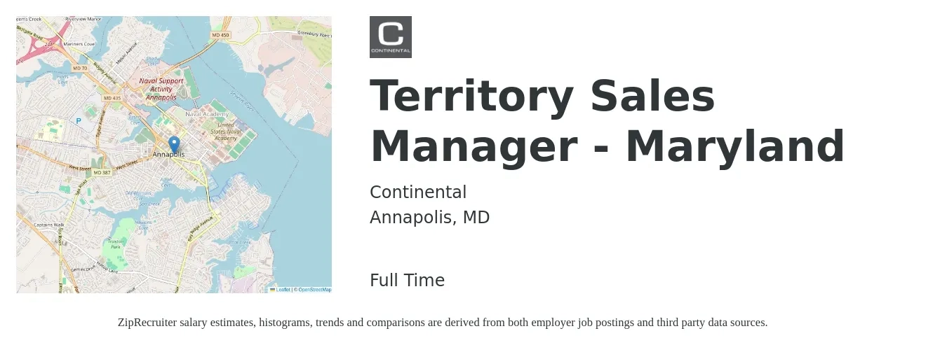 Continental job posting for a Territory Sales Manager - Maryland in Annapolis, MD with a salary of $63,800 to $98,000 Yearly with a map of Annapolis location.