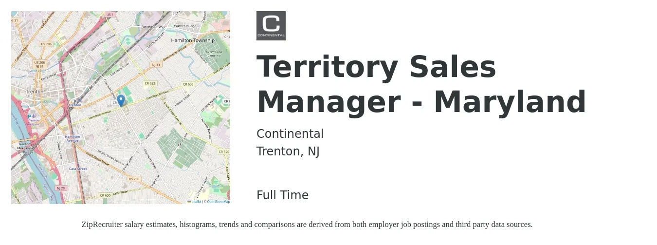 Continental job posting for a Territory Sales Manager - Maryland in Trenton, NJ with a salary of $64,700 to $99,300 Yearly with a map of Trenton location.